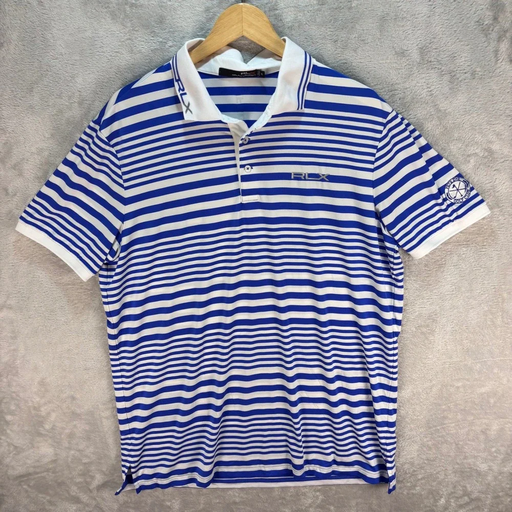 RLX Ralph Lauren Men's Golf Polo Blue White Striped Pete Dye Club‎ Sz XL Preppy